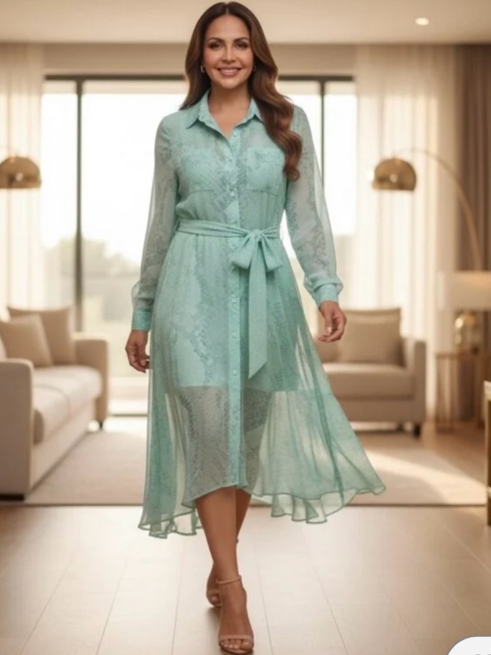 NWT Guess Sheer Tie-Waist Shirt Dress in Mint Green size S